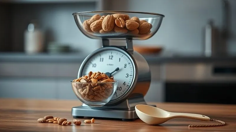 A photorealistic, professional photography, 8K image of a kitchen scale with a small bowl of various nuts and seeds, next to a measuring spoon, emphasizing portion control. Cinematic lighting, sharp focus on the scale and ingredients, depth of field blurring a modern kitchen background. Shot on a high-end DSLR.