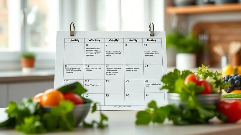 A photorealistic, professional photography, 8K image of a meticulously organized weekly meal planner, with a green smoothie scheduled for breakfast each day, alongside other healthy meals. The scene is bright and clean, with cinematic lighting, sharp focus on the planner, and depth of field blurring a kitchen counter with fresh ingredients. Shot on a high-end DSLR.