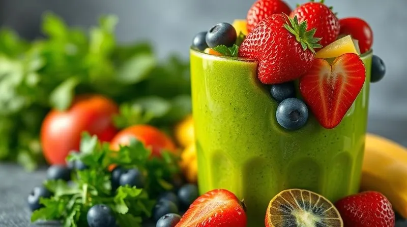 A photorealistic image of a vibrant green smoothie with an exaggerated amount of colourful fruits overflowing, contrasted with a small pile of green vegetables, cinematic lighting, 8K, sharp focus on the fruits, depth of field.