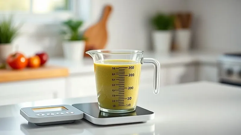 A photorealistic image of a measuring cup filled with smoothie next to a digital kitchen scale, showing a precise measurement, on a clean kitchen counter, 8K, cinematic lighting.