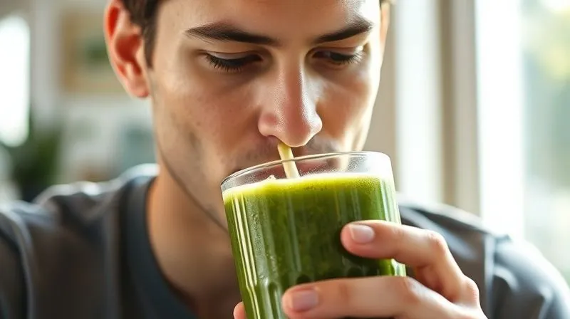A photorealistic image of a person slowly sipping a green smoothie through a straw, looking thoughtful and satisfied, with natural light streaming in, 8K, sharp focus on the person's face and the glass.