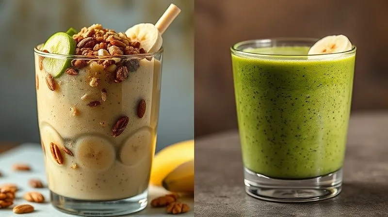 Photorealistic split image. On the left: a rich, dense banana smoothie overflowing with nuts, seeds, avocado slices, and honey, in a large glass, with decadent cinematic lighting. On the right: a lighter, vibrant green banana smoothie with spinach, a sprinkle of chia seeds, and a single banana slice, in a smaller, sleek glass, with crisp, bright cinematic lighting. Both are professional photography, 8K, sharp focus, depth of field.