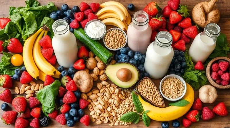 Photorealistic, vibrant array of diverse smoothie ingredients spread on a rustic wooden table. Includes various berries (strawberries, blueberries, raspberries), spinach, kale, avocado, different types of nuts and seeds, Greek yogurt, a few bananas, and various plant milks in glass bottles. All are fresh, colorful, and arranged artfully, with soft, natural cinematic lighting, sharp focus on the ingredients, depth of field blurring the background. Shot on a high-end DSLR, 8K hyper-detailed.