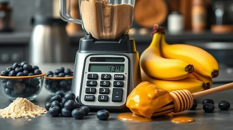 A photorealistic image of a kitchen counter with a blender, surrounded by various ingredients like scoops of protein powder, a handful of blueberries, a banana, a large spoonful of peanut butter, and a drizzle of honey, with a small calculator prominently displayed next to them, emphasizing the need for calorie awareness. Cinematic lighting, sharp focus, depth of field, 8K, professional photography, shot on a high-end DSLR.