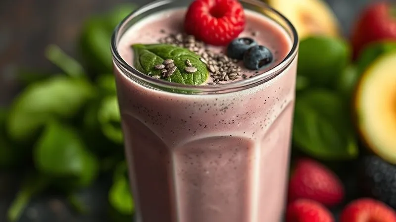 A photorealistic close-up of a perfectly balanced protein shake in a glass, showing visible layers or textures of protein powder, colorful fruits (like berries), leafy greens (like spinach), and a sprinkle of chia seeds, representing a complete and nutritious meal. Cinematic lighting, sharp focus, depth of field, 8K, professional photography, shot on a high-end DSLR.