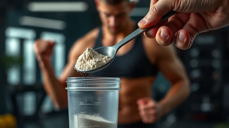 A photorealistic image of a single scoop of protein powder being carefully measured into a shaker bottle, with a focus on precision and moderation. In the background, a person is doing a light workout. Cinematic lighting, sharp focus on the scoop, depth of field blurring the background, 8K, professional photography, shot on a high-end DSLR.