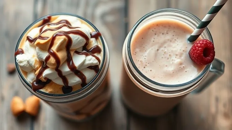 A photorealistic image from a top-down angle of two contrasting protein shakes. On the left, a lavish, thick shake overflowing with peanut butter, chocolate syrup, and whipped cream, looking extremely indulgent. On the right, a lean, simple protein shake with a few berries and a clear, lighter consistency. Both are in sleek blender bottles. Cinematic lighting, sharp focus on both shakes, depth of field blurring the background, 8K hyper-detailed, professional photography, shot on a high-end DSLR.