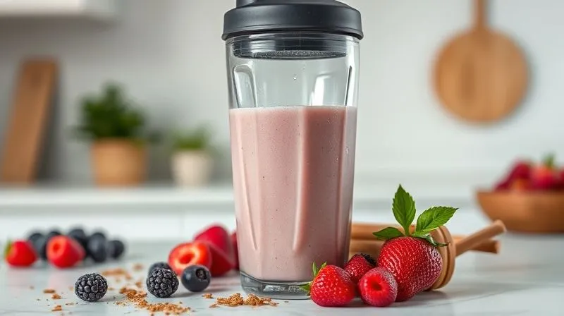 A photorealistic close-up of a blender bottle with a protein shake, showcasing natural ingredients like fresh berries, a sprinkle of cinnamon, and a hint of vanilla bean. The overall impression is clean, fresh, and wholesome. Cinematic lighting, sharp focus on the ingredients and the texture of the shake, depth of field blurring a minimalist kitchen background, 8K hyper-detailed, professional photography, shot on a high-end DSLR.