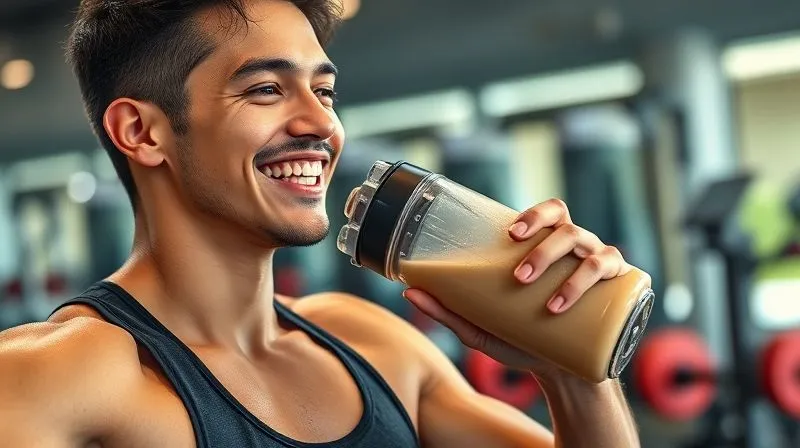 A photorealistic image of a fit person in athletic wear, smiling and looking refreshed, drinking a protein shake from a blender bottle immediately after a workout in a modern gym setting. Sweat glistens on their skin, and the background shows blurred gym equipment. Cinematic lighting, sharp focus on the person and the shake, depth of field, 8K hyper-detailed, professional photography, shot on a high-end DSLR.