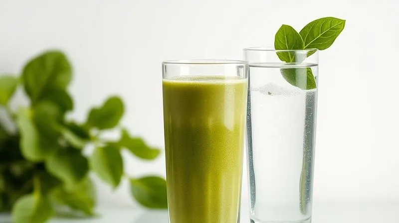 A photorealistic image of a tall glass of fresh, clear water next to a vibrant green protein shake in a blender bottle, garnished with visible chia seeds and a spinach leaf. The setting is bright and clean, emphasizing hydration and natural ingredients. Cinematic lighting, sharp focus on both drinks, depth of field blurring a minimalist background, 8K hyper-detailed, professional photography, shot on a high-end DSLR.