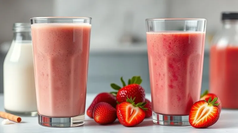 Photorealistic image of two smoothie glasses side by side. One glass contains a thick, creamy, vibrant strawberry smoothie, while the other contains a lighter, more liquid strawberry smoothie. Ingredients like full-fat milk and sweetened plant milk are subtly visible next to the first glass, and unsweetened almond milk and water next to the second. Cinematic lighting, sharp focus, depth of field, 8K.
