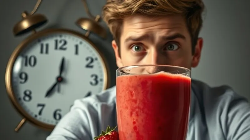 Photorealistic, professional photography, 8K, cinematic lighting, sharp focus, depth of field, shot on a high-end DSLR. A person is seen looking confusedly at a large, vibrant strawberry smoothie, while in the background, a clock shows time passing quickly, symbolizing the lack of sustained satiety from liquid calories. The scene conveys a sense of missed opportunity and caloric excess.