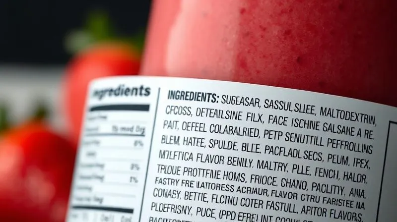 Photorealistic, professional photography, 8K, cinematic lighting, sharp focus, depth of field, shot on a high-end DSLR. A close-up of a complex food label on a 'dietary' smoothie mix, with ingredients like 'sucrose', 'maltodextrin', and 'artificial flavors' subtly highlighted or underlined. The background shows a healthy-looking strawberry smoothie, creating a contrast between perception and reality.