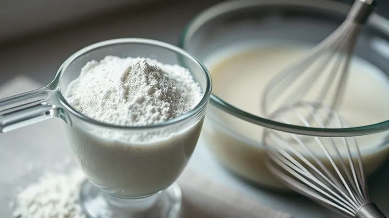 A close-up, photorealistic, professional photography, 8K, cinematic lighting, sharp focus, depth of field, shot on a high-end DSLR image of a measuring cup filled with rice flour next to a bowl of liquid batter, with a whisk resting on the side. The scene is clean and minimalist, emphasizing precision and the delicate balance of ingredients. Subtle light highlights the texture of the flour and the smooth surface of the batter, conveying a sense of careful preparation.