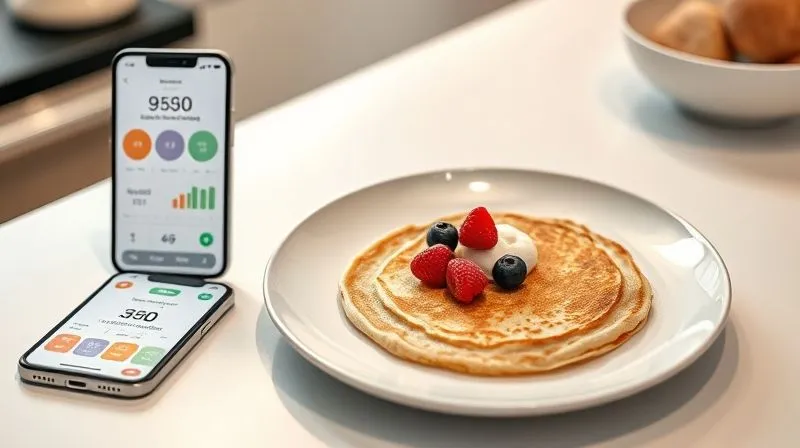 A photorealistic, professional photography, 8K, cinematic lighting, sharp focus, depth of field, shot on a high-end DSLR image of a neatly arranged plate with a single gluten-free rice pancake, garnished with a small portion of berries and a dollop of Greek yogurt. Next to the plate, a smartphone displays a calorie-tracking app with clear macronutrient breakdown. The background is a clean, modern kitchen counter, emphasizing a mindful and precise approach to diet.