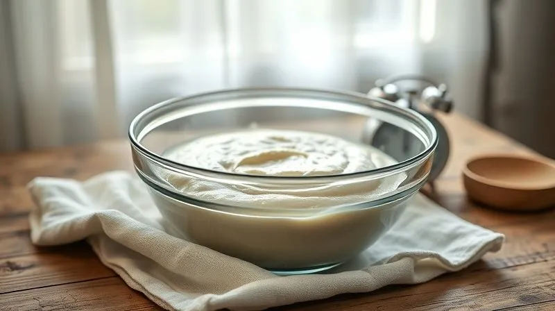 A photorealistic, professional photography, 8K, cinematic lighting, sharp focus, depth of field, shot on a high-end DSLR image of a glass bowl filled with gluten-free rice pancake batter, covered with a linen cloth, resting on a rustic wooden table. Soft, natural light streams in from a window, highlighting a sense of calm and patience in the cooking process. A small timer is visible in the background, subtly indicating the passage of time.