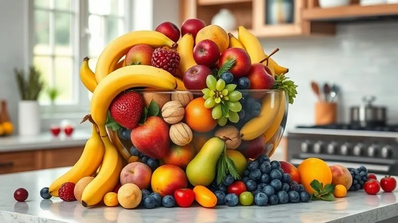 A photorealistic image of a kitchen counter with a large, overflowing fruit bowl filled with various colorful fruits like bananas, grapes, mangoes, and berries. Some fruits are spilling out onto the counter, emphasizing excess. The lighting is bright and natural, professional photography, 8K, cinematic lighting, sharp focus on the overflowing bowl, depth of field blurring the background, shot on a high-end DSLR.