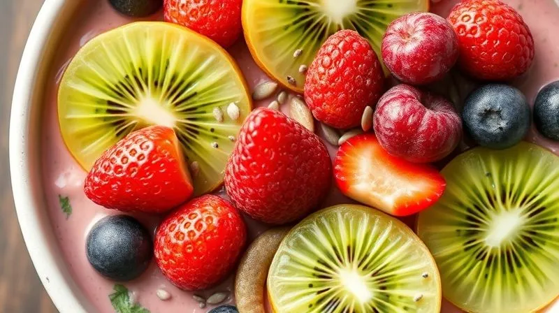 A close-up, top-down photorealistic shot of a vibrant, healthy fruit bowl. Visible components include fresh berries, sliced kiwi, a sprinkle of chia seeds, flax seeds, and finely chopped spinach or kale blended subtly into the base. The texture is inviting and rich in nutrients. Professional photography, 8K, cinematic lighting, sharp focus on the bowl's texture, depth of field blurring the background, shot on a high-end DSLR.