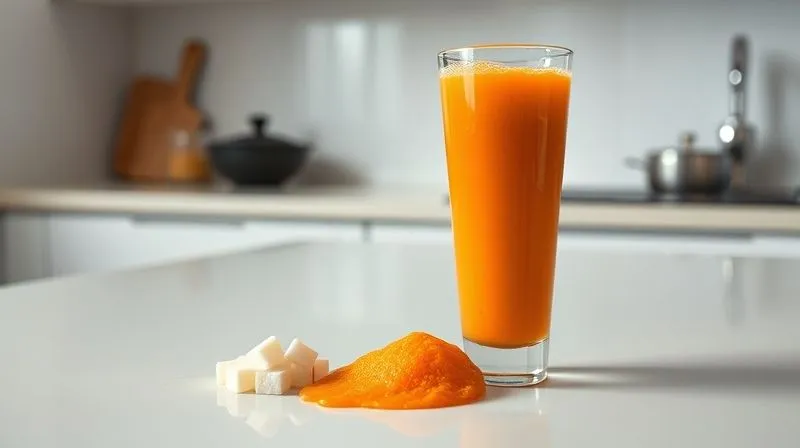 Photorealistic, professional photography, 8K, cinematic lighting, sharp focus, depth of field, shot on a high-end DSLR. A single, large glass of vibrant orange carrot juice overflowing slightly onto a clean, minimalist kitchen counter. Next to it, a small, meticulously arranged pile of sugar cubes, subtly suggesting hidden excess. The mood is one of quiet caution against overconsumption.