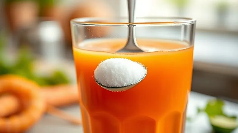 Photorealistic, professional photography, 8K, cinematic lighting, sharp focus, depth of field, shot on a high-end DSLR. A glass of freshly squeezed carrot juice with a vibrant orange color, subtly contrasted with a small, elegant spoon stirring in a spoonful of white sugar, creating a ripple. The background is a blurred, healthy kitchen setting. The image evokes the hidden danger of seemingly innocuous additions.