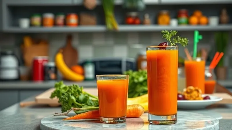 Photorealistic, professional photography, 8K, cinematic lighting, sharp focus, depth of field, shot on a high-end DSLR. A single glass of vibrant carrot juice placed on a kitchen counter. In the background, out of focus, a chaotic, unhealthy spread of highly processed foods, sugary drinks, and snacks. The image contrasts the healthy juice with an unbalanced diet, highlighting the futility of relying on one "good" item in a sea of "bad" choices.