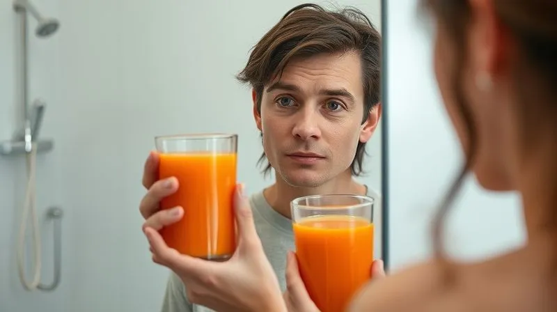Photorealistic, professional photography, 8K, cinematic lighting, sharp focus, depth of field, shot on a high-end DSLR. A person holds a glass of carrot juice, looking thoughtfully at their reflection in a mirror, as if contemplating their body's signals. The expression is introspective and focused on self-awareness, with a soft, natural light illuminating the scene. The background is a clean, calm bathroom or bedroom, emphasizing personal space and reflection.