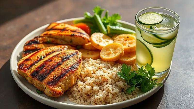 Photorealistic image of a balanced meal plate with grilled chicken, quinoa, and fresh steamed vegetables, next to a glass of clear cucumber juice, all under bright, natural light. Professional photography, 8K, cinematic lighting, sharp focus, depth of field, shot on a high-end DSLR, conveying health and balance.
