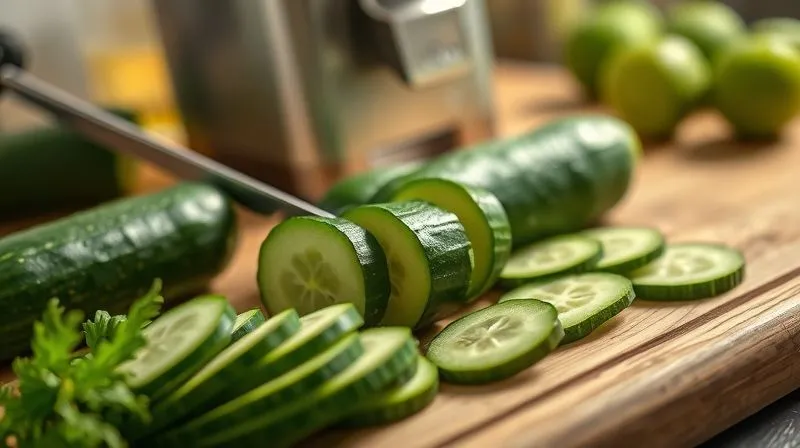 Photorealistic, professional photography, 8K, cinematic lighting, sharp focus, depth of field, shot on a high-end DSLR. A close-up of a perfectly green, organic cucumber being sliced on a wooden cutting board, with a slow juicer in the background, steam subtly rising from the fresh juice, conveying purity and freshness.