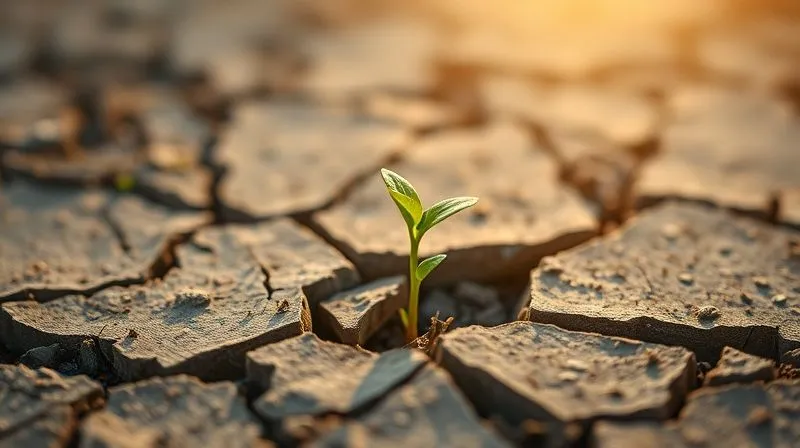 Photorealistic, professional photography, 8K, cinematic lighting, sharp focus, depth of field, shot on a high-end DSLR. A single green sprout pushing through cracked dry earth, symbolizing perseverance and growth, with soft, encouraging morning light. Emotional resonance of hope and effort over time.