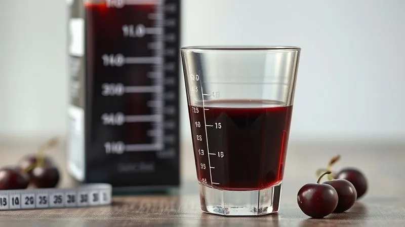 Photorealistic image of a small, precisely measured glass of dark cherry juice next to a full, unopened carton of juice, with a measuring tape subtly visible in the background. The scene is illuminated by soft, natural light, emphasizing portion control. professional photography, 8K, cinematic lighting, sharp focus, depth of field, shot on a high-end DSLR.
