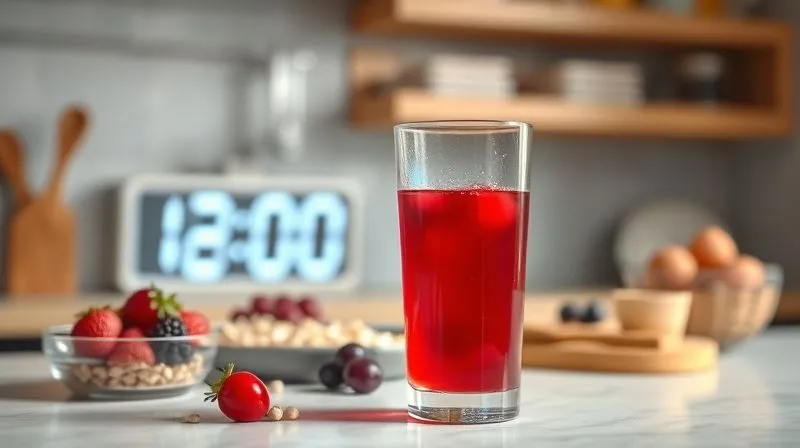 Photorealistic image of a small glass of cherry juice placed on a kitchen counter with a backdrop of a digital clock showing morning hours (e.g., 8:00 AM) and a healthy breakfast spread (oatmeal, berries). The lighting is bright and inviting, emphasizing a fresh start to the day. professional photography, 8K, cinematic lighting, sharp focus, depth of field, shot on a high-end DSLR.