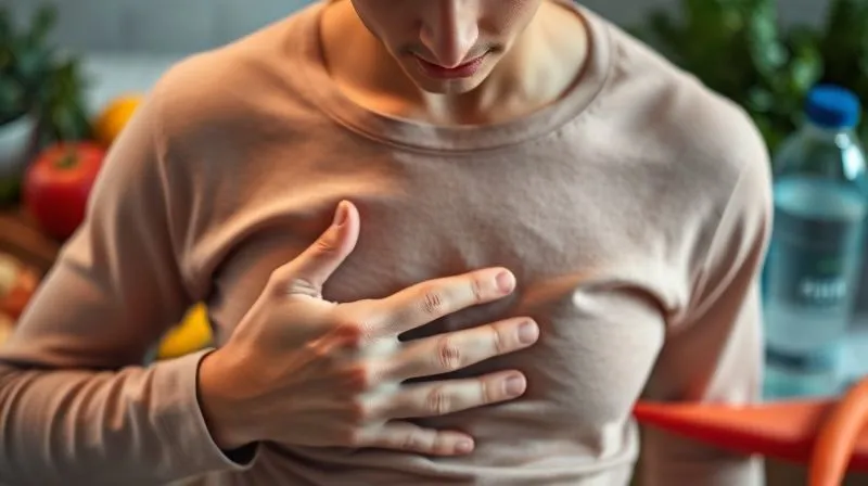 Photorealistic image of a person (gender neutral) gently touching their stomach, with a thoughtful expression, surrounded by blurred healthy foods (fruits, vegetables, water bottle). The focus is on the person's mindful connection with their body. The lighting is soft and warm, conveying a sense of introspection and care. professional photography, 8K, cinematic lighting, sharp focus, depth of field, shot on a high-end DSLR.