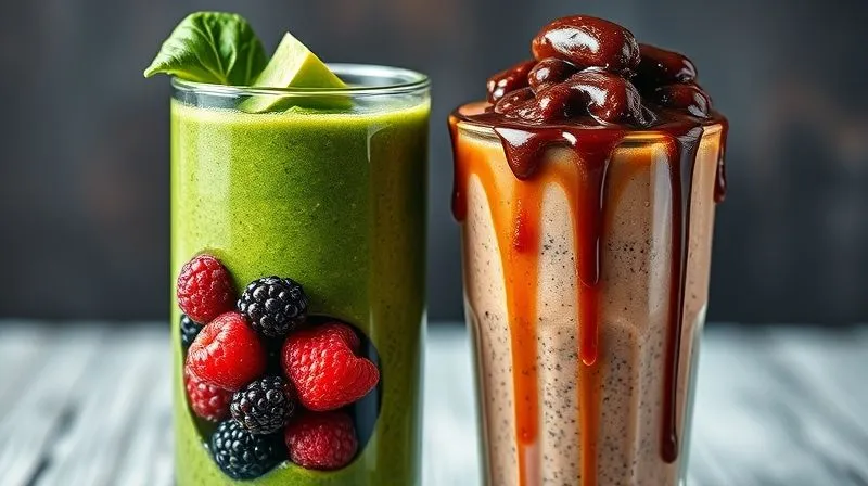 A vibrant photorealistic image of a healthy green smoothie on one side, overflowing with fresh spinach, berries, and chia seeds, next to a glass filled with an overly sweet, thick smoothie with piles of dates, honey, and chocolate syrup on top, creating a stark visual contrast between healthy and unhealthy choices, with cinematic lighting and sharp focus.