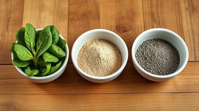 A visually balanced and aesthetically pleasing photorealistic image of three small bowls on a wooden table, each containing a perfectly portioned ingredient for a balanced smoothie: a handful of spinach, a small scoop of protein powder, and a tablespoon of chia seeds, with soft, natural lighting, sharp focus, and a shallow depth of field, symbolizing intentional and balanced choices.