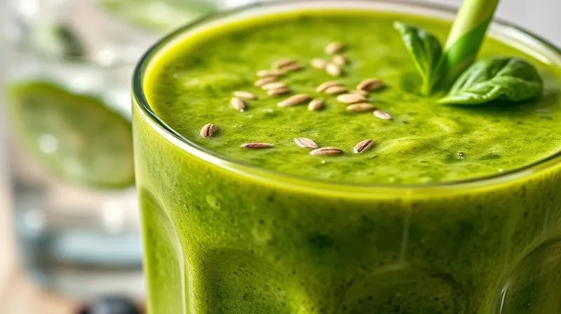 A close-up, photorealistic, professional photography, 8K, cinematic lighting, sharp focus, depth of field shot on a high-end DSLR of a vibrant green smoothie with visible textures from blended spinach, chia seeds, and a few whole berries, emphasizing its fiber content. A glass of sparkling water is subtly blurred in the background, reinforcing the importance of hydration.
