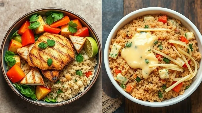 Photorealistic, professional photography, 8K, cinematic lighting, sharp focus on two bowls of bulgur salad side-by-side. One bowl is rich with colorful, fresh vegetables, lean grilled chicken, and fresh herbs, looking vibrant and light. The second bowl is visibly oily, with heavy cream sauce, melted cheese, and minimal vegetables, looking dense and less appealing for a healthy diet. Depth of field blurs the background. Shot on a high-end DSLR.
