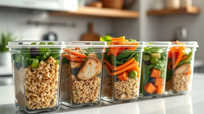 Photorealistic, professional photography, 8K, cinematic lighting, sharp focus on a row of transparent glass meal prep containers, each filled with a perfectly portioned bulgur salad, lean protein (e.g., grilled chicken), and a variety of colorful fresh vegetables. The containers are neatly arranged on a clean kitchen counter, bathed in soft, natural light, conveying organization and healthy eating habits. Depth of field blurs a kitchen environment in the background. Shot on a high-end DSLR.