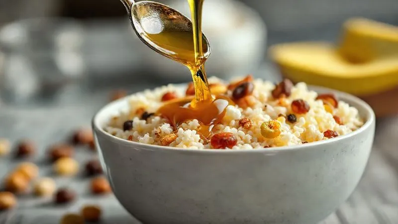 Photorealistic, professional photography, 8K, cinematic lighting, sharp focus, depth of field, shot on a high-end DSLR. A bowl of kasha with cottage cheese, but with a small, overflowing spoon of golden syrup dripping into it, and a scattering of various dried fruits and nuts, visually emphasizing excessive indulgence. The background is blurred, focusing on the abundance of additions.