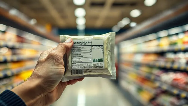 Photorealistic, professional photography, 8K, cinematic lighting, sharp focus, depth of field, shot on a high-end DSLR. A person's hand holding a packet of cottage cheese, with the nutritional label clearly visible and highlighted by a soft spotlight. The background is a blurred supermarket aisle, emphasizing the act of informed choice. The expression on the hand's owner is thoughtful, perhaps a slight frown of concentration.