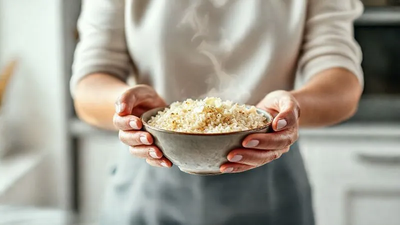 Photorealistic, professional photography, 8K, cinematic lighting, sharp focus, depth of field, shot on a high-end DSLR. A person's hands gently holding a small, elegant bowl of kasha with cottage cheese, steam subtly rising. The focus is on the mindful act of eating, with soft, natural light illuminating the scene. The background is a serene, minimalist kitchen, conveying peace and intention.