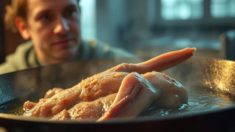 Photorealistic image of a lean rabbit cut being pan-fried in excessive, shimmering oil, creating a greasy aura, with a sad expression on a person's face in the blurred background, cinematic lighting, sharp focus on the sizzling oil.