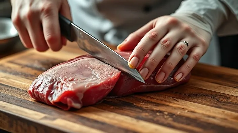 Close-up photorealistic image of skilled hands meticulously trimming visible fat from raw rabbit meat with a sharp knife on a wooden cutting board, professional kitchen setting, sharp focus on the hands and meat, cinematic lighting, 8K hyper-detailed.