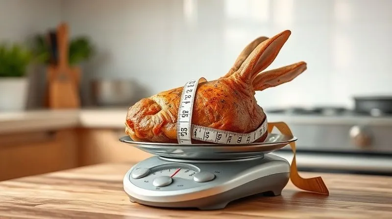 Photorealistic image of a portion of cooked rabbit meat on a kitchen scale, with a measuring tape subtly wrapped around it, symbolizing portion control, clean minimalist kitchen background, soft natural light, sharp focus on the scale and meat.