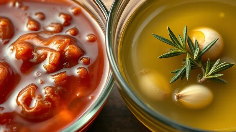 Photorealistic close-up of two bowls of marinade side-by-side. One bowl contains a vibrant, thick, sugary BBQ sauce with visible sugar crystals. The other bowl contains a clear, herb-infused olive oil marinade with fresh rosemary and garlic. Cinematic lighting, sharp focus, 8K, high-end DSLR.