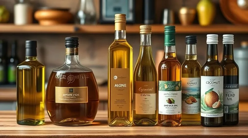 Photorealistic display of various cooking oils in elegant bottles on a wooden counter. On the left, a bottle of extra virgin olive oil with a low smoke point. In the center, a bottle of avocado oil and refined coconut oil, clearly labeled with high smoke points. On the right, common vegetable oils. Cinematic lighting, sharp focus, 8K, high-end DSLR.