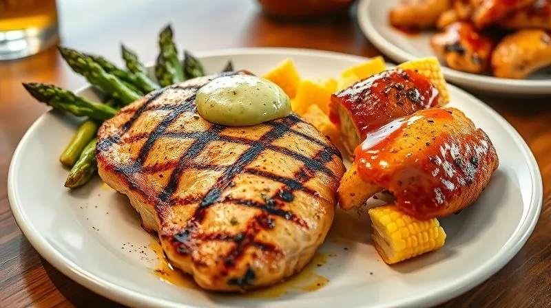 Photorealistic image of a dinner plate. On one side, a perfectly grilled keto chicken breast with a generous serving of grilled asparagus and a dollop of homemade avocado mayonnaise. On the other side, a smaller portion of grilled chicken with a pile of corn on the cob and a sugary BBQ sauce. Cinematic lighting, sharp focus, 8K, high-end DSLR.