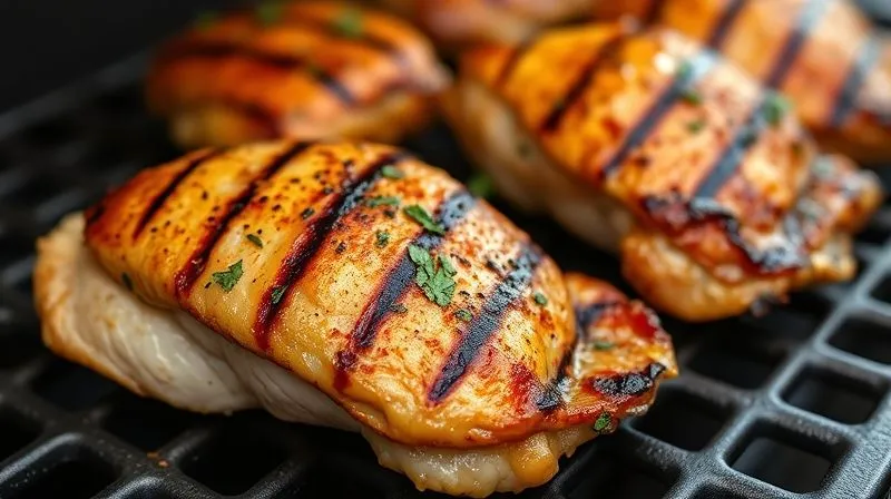 Photorealistic close-up of perfectly grilled keto chicken thighs, glistening with natural juices and herbs, resting on a clean grill grate. The chicken has beautiful grill marks and a golden-brown hue, indicating ideal cooking without burning. Cinematic lighting, sharp focus on the chicken, shallow depth of field, 8K, high-end DSLR.