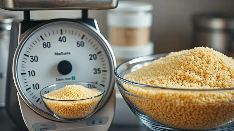 A photorealistic close-up of a kitchen scale with a small, precisely measured portion of dry couscous in a bowl, next to a larger, overflowing bowl of couscous, symbolizing the common mistake of over-portioning. Cinematic lighting, sharp focus on the measured portion, depth of field blurring the background. 8K, professional photography, shot on a high-end DSLR.