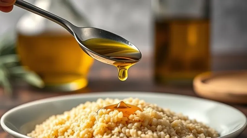 A photorealistic image of a plate of couscous with a measuring spoon precisely pouring a minimal amount of high-quality olive oil, contrasting with a blurred background showing an overflowing bottle of oil. Emphasize precision and control. Cinematic lighting, sharp focus, depth of field. 8K, professional photography, shot on a high-end DSLR.