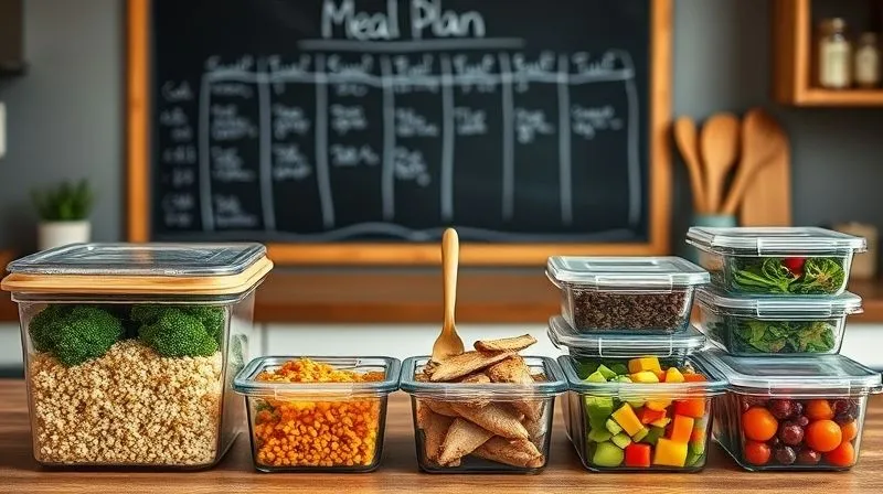 A photorealistic image of a neatly organized kitchen counter with various meal prep containers filled with healthy ingredients: pre-cooked couscous, grilled chicken, chopped vegetables. A weekly meal plan written on a chalkboard in the background. Cinematic lighting, sharp focus, depth of field. 8K, professional photography, shot on a high-end DSLR.